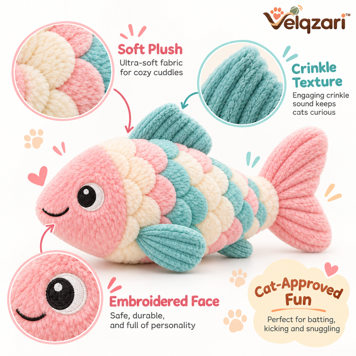 Velqzari™ Pastel Crinkle Fish Cat Toy