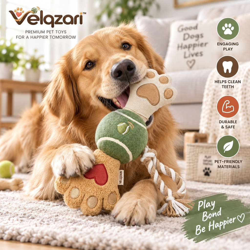 Velqzari™ Paw-Fect Play 3-in-1 Interactive Dog Toy – Plush Paw & Squeaky Tennis Ball Toy with Braided Cotton Tug Rope, Multi-Textured Dental & Fetch Toy for Puppies, Small & Medium Dogs