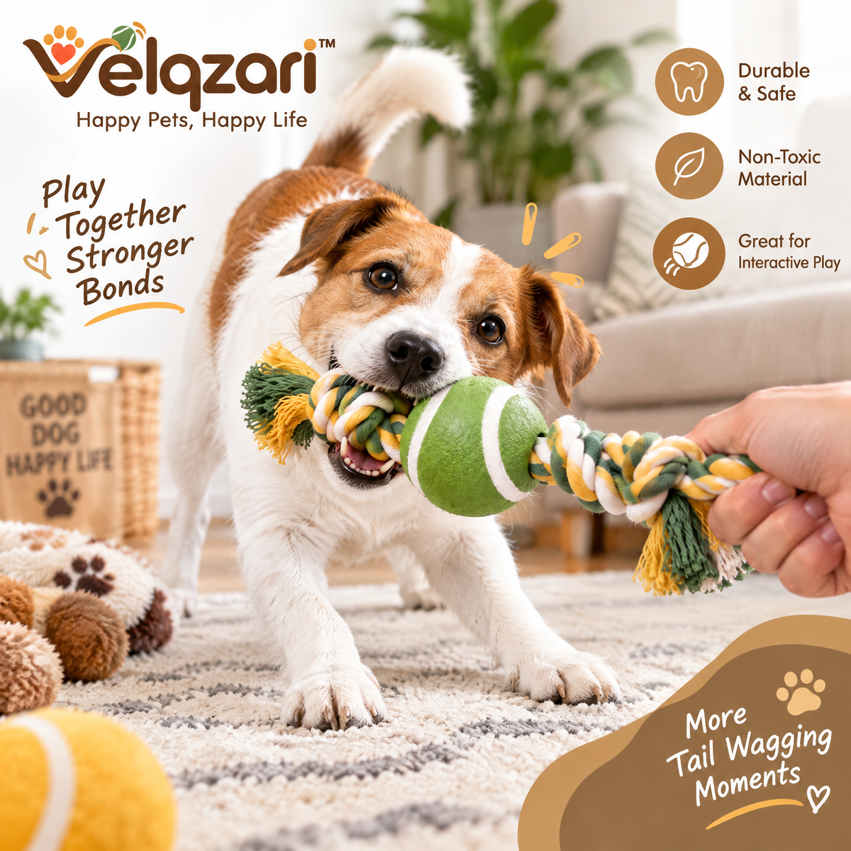 Velqzari™ Dog Rope Toy with Tennis Ball – Durable 2-in-1 Interactive Tug of War & Chew Toy, Natural Cotton Rope for Small to Medium Dogs & Puppies, Dental Care and Fetch Training