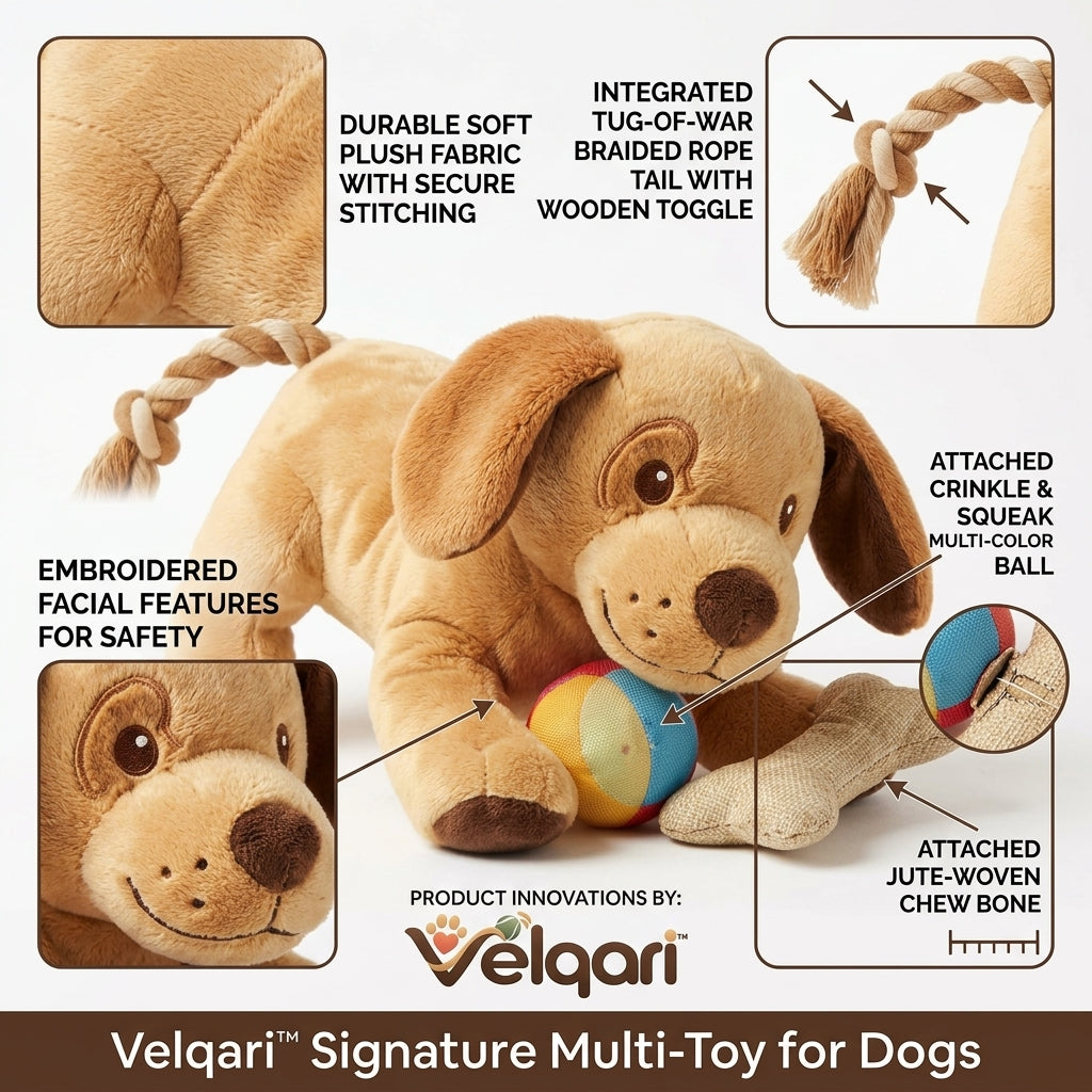 Velqzari™ 3-in-1 Interactive Plush Puppy Dog Toy with Durable Braided Rope Tail, Textured Chew Bone & Colorful Squeak Ball – Multi-Sensory Teething, Cuddle & Tug Toy for Puppies, Small & Medium Dogs