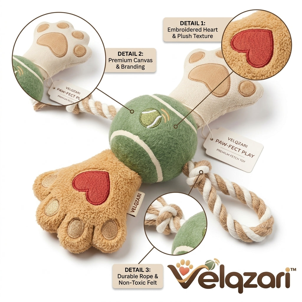 Velqzari™ Paw-Fect Play 3-in-1 Interactive Dog Toy – Plush Paw & Squeaky Tennis Ball Toy with Braided Cotton Tug Rope, Multi-Textured Dental & Fetch Toy for Puppies, Small & Medium Dogs