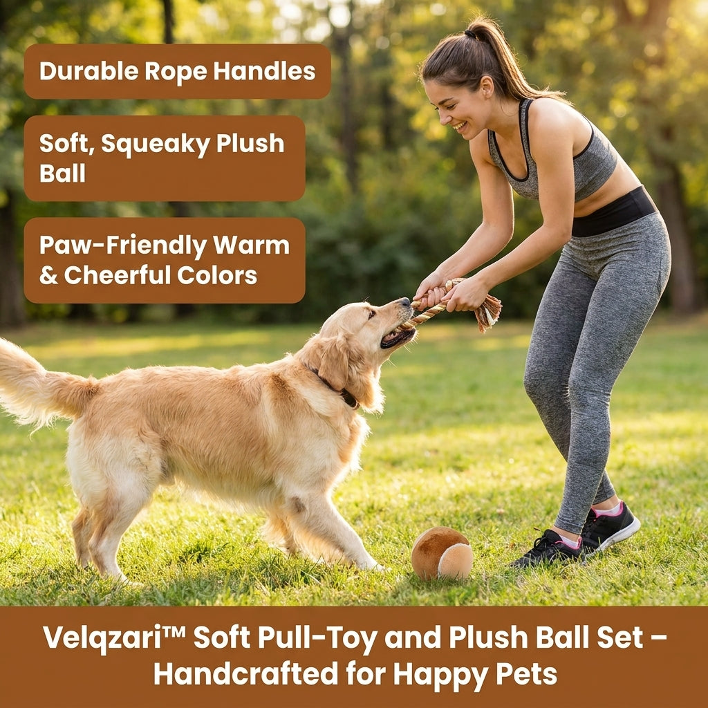 Velqzari™ 2-Piece Soft Plush Pull Toy and Squeaky Ball Set – Interactive Dog Tug Toy with Durable Cotton Rope Handles, Paw-Friendly Handcrafted Fetch & Chew Toys for Puppies, Small & Medium Dogs