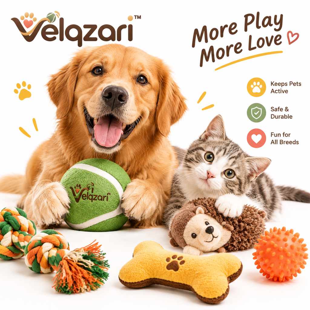 Velqzari™ 5-Piece Interactive Pet Toy Bundle – Multi-Texture Dog & Cat Toy Set Including Braided Cotton Rope, Squeaky Plush Bone & Hedgehog, Giant Plush Tennis Ball & Spiky Chew Ball for Puppies, Dogs, and Cats