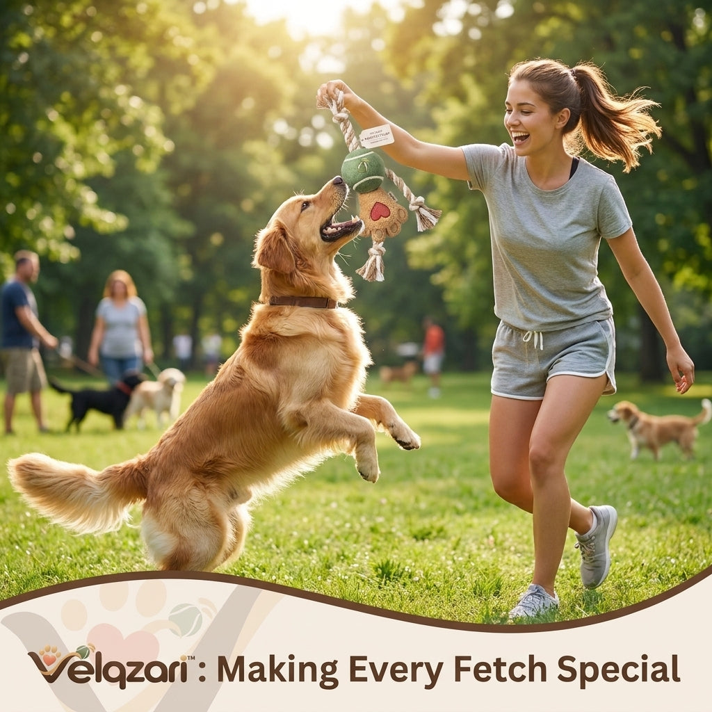 Velqzari™ Paw-Fect Play 3-in-1 Interactive Dog Toy – Plush Paw & Squeaky Tennis Ball Toy with Braided Cotton Tug Rope, Multi-Textured Dental & Fetch Toy for Puppies, Small & Medium Dogs