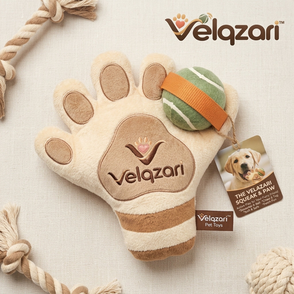 Velqzari™ 2-in-1 Squeak & Paw Plush Dog Toy with Attached Tennis Ball – Interactive Squeaky Chew & Fetch Cuddle Toy for Puppies, Small & Medium Dogs