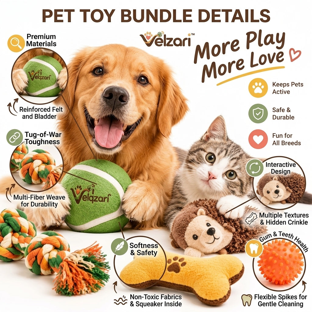 Velqzari™ 5-Piece Interactive Pet Toy Bundle – Multi-Texture Dog & Cat Toy Set Including Braided Cotton Rope, Squeaky Plush Bone & Hedgehog, Giant Plush Tennis Ball & Spiky Chew Ball for Puppies, Dogs, and Cats
