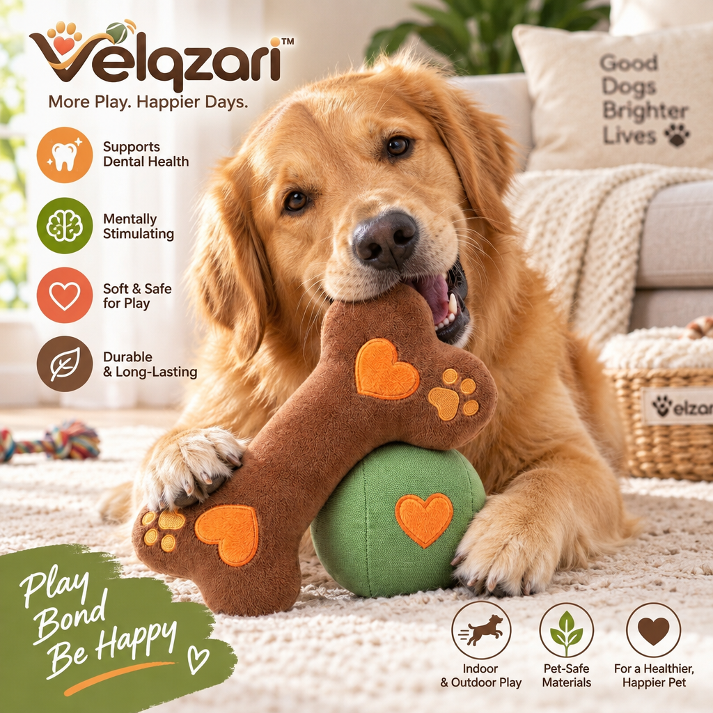 Velqzari™ 2-Piece Plush Dog Toy Set – Soft Embroidered Brown Bone & Sage Green Play Ball – Gentle Squeaky Chew & Fetch Toys for Puppies, Small to Medium Dogs