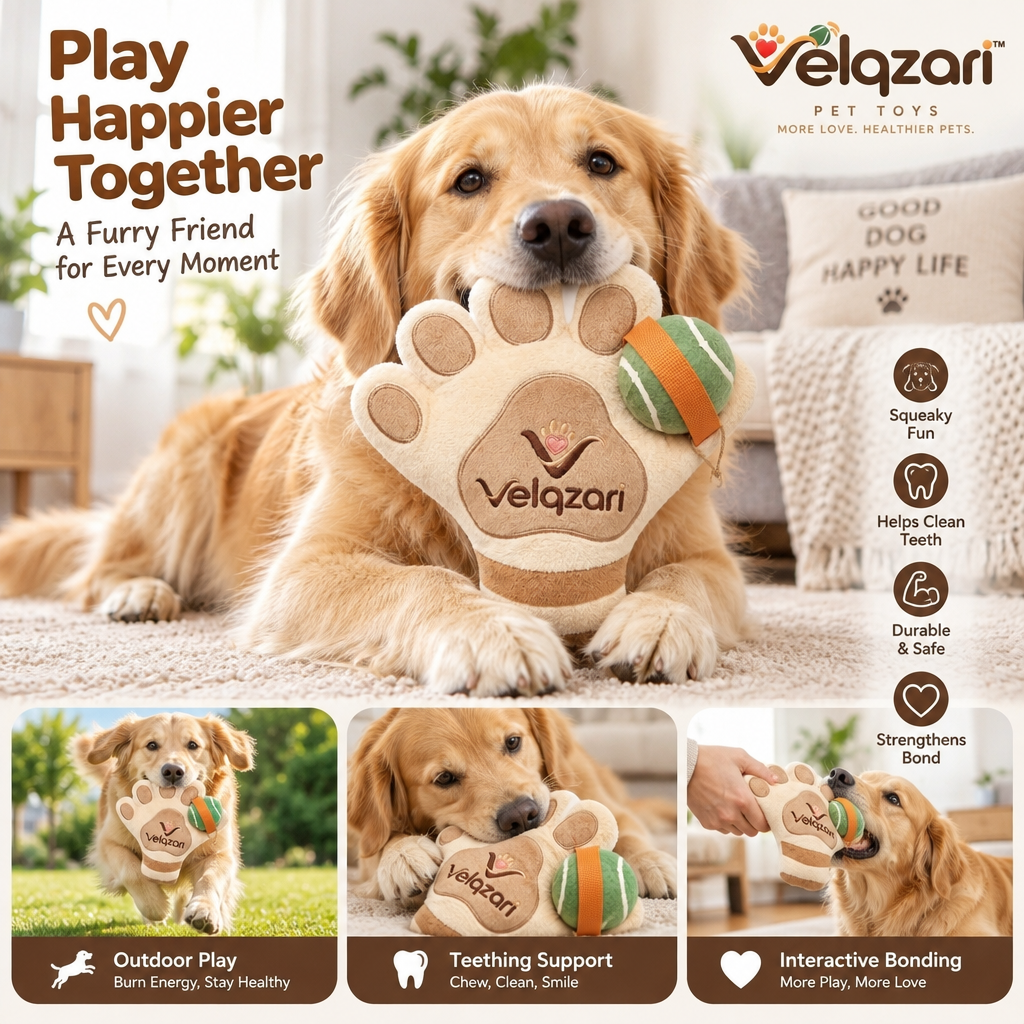 Velqzari™ 2-in-1 Squeak & Paw Plush Dog Toy with Attached Tennis Ball – Interactive Squeaky Chew & Fetch Cuddle Toy for Puppies, Small & Medium Dogs