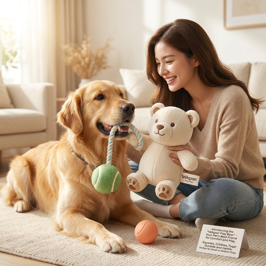 Velqzari™ Play Bear Plush Dog Toy with Braided Tug Rope & Dual Sensory Balls – Multi-Textured Squeaky & Crinkle Teething Toy for Small to Medium Dogs and Puppies