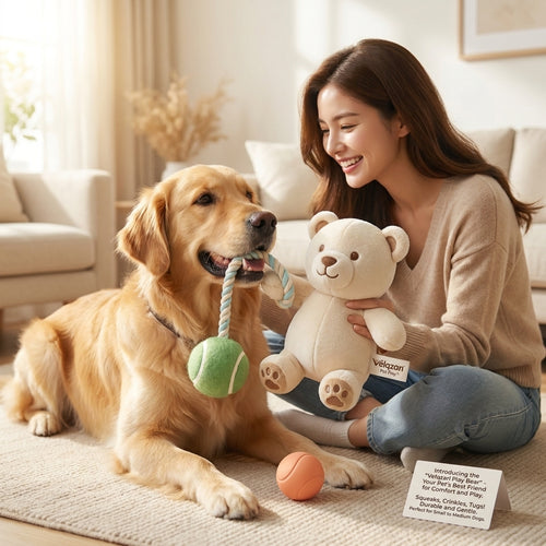 Velqzari™ Play Bear Plush Dog Toy with Braided Tug Rope & Dual Sensory Balls – Multi-Textured Squeaky & Crinkle Teething Toy for Small to Medium Dogs and Puppies