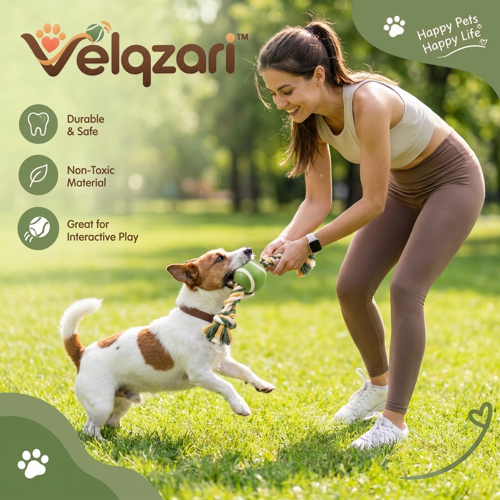 Velqzari™ Dog Rope Toy with Tennis Ball – Durable 2-in-1 Interactive Tug of War & Chew Toy, Natural Cotton Rope for Small to Medium Dogs & Puppies, Dental Care and Fetch Training