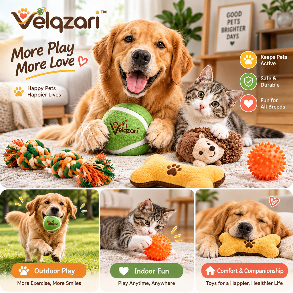 Velqzari™ 5-Piece Interactive Pet Toy Bundle – Multi-Texture Dog & Cat Toy Set Including Braided Cotton Rope, Squeaky Plush Bone & Hedgehog, Giant Plush Tennis Ball & Spiky Chew Ball for Puppies, Dogs, and Cats