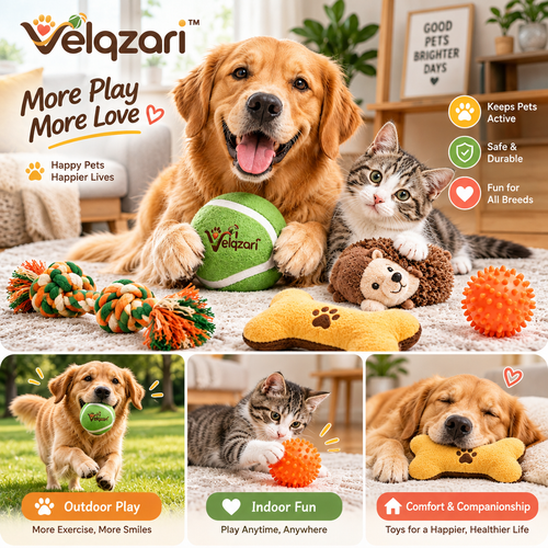 Velqzari™ 5-Piece Interactive Pet Toy Bundle – Multi-Texture Dog & Cat Toy Set Including Braided Cotton Rope, Squeaky Plush Bone & Hedgehog, Giant Plush Tennis Ball & Spiky Chew Ball for Puppies, Dogs, and Cats