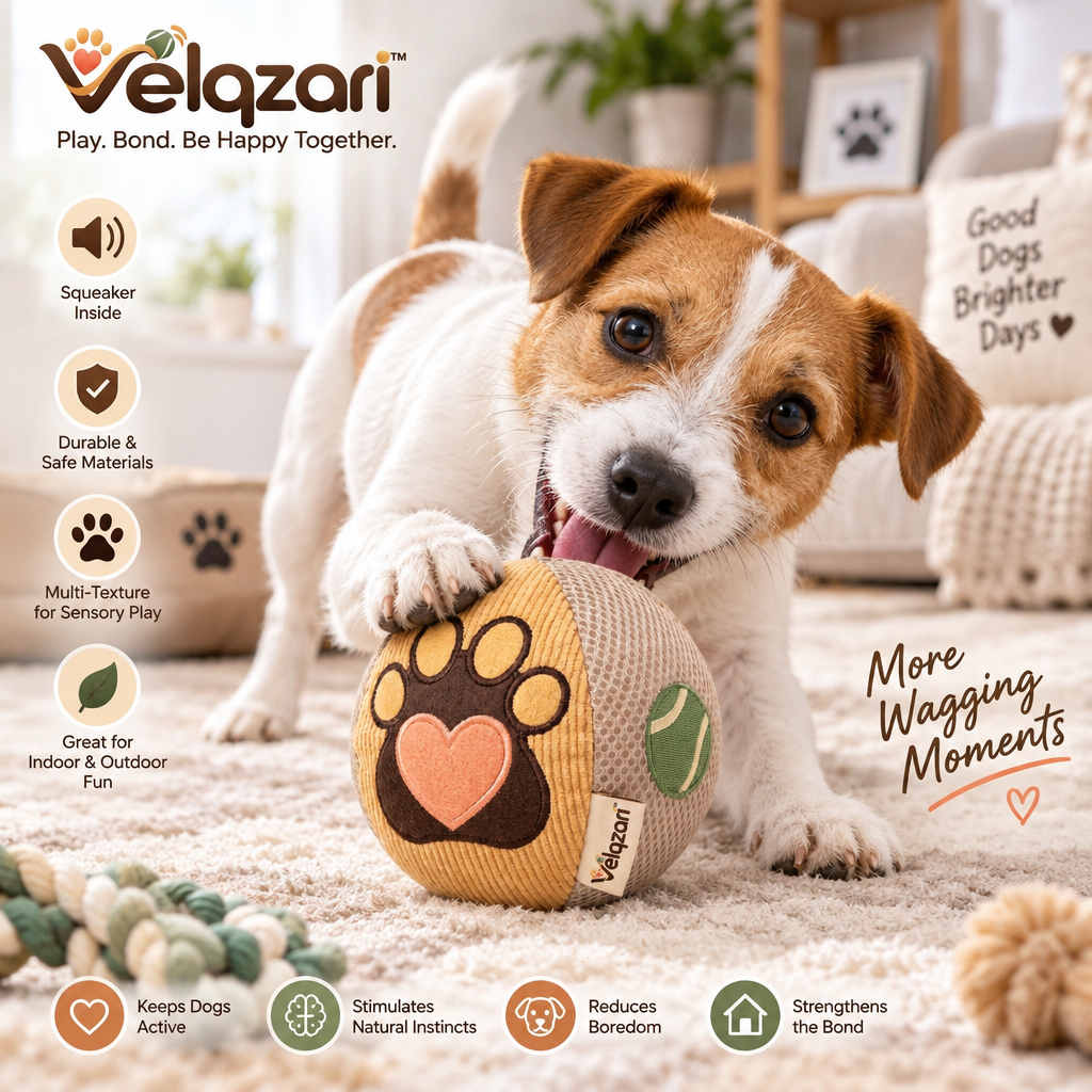 Velqzari™ Heart-Paw Squeaker Ball Dog Toy – Multi-Texture Corduroy & Breathable Air Mesh Plush Fetch Ball, Interactive Soft Squeaky Toy for Puppies, Small & Medium Dogs