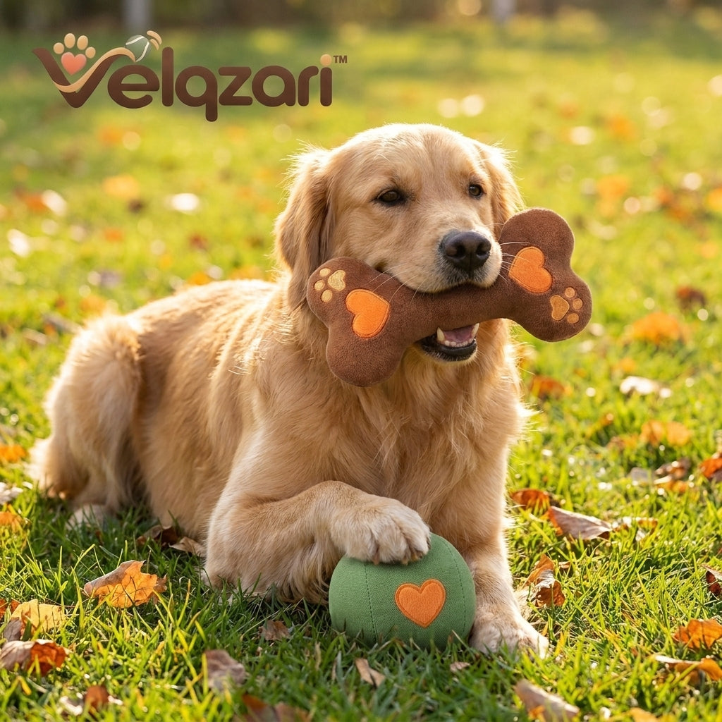 Velqzari™ 2-Piece Plush Dog Toy Set – Soft Embroidered Brown Bone & Sage Green Play Ball – Gentle Squeaky Chew & Fetch Toys for Puppies, Small to Medium Dogs