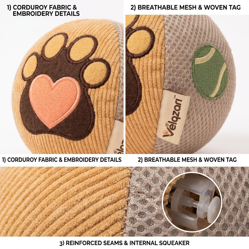 Velqzari™ Heart-Paw Squeaker Ball Dog Toy – Multi-Texture Corduroy & Breathable Air Mesh Plush Fetch Ball, Interactive Soft Squeaky Toy for Puppies, Small & Medium Dogs