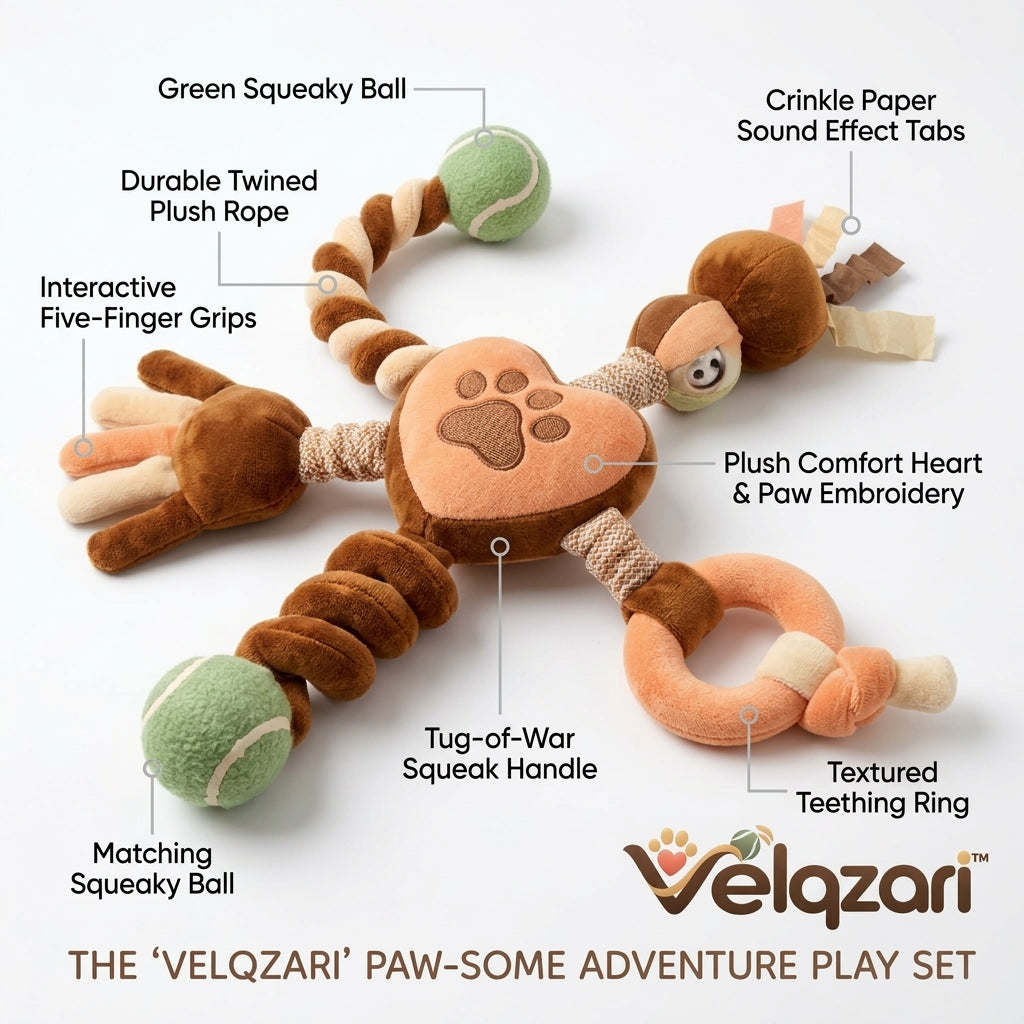 Velqzari™ Multi-Sensory Dog Tug & Chew Toy – 5-in-1 Interactive Plush Play Set with Squeaker Heart, Dual Plush Tennis Balls, Teething Ring & Crinkle Ribbons for Puppies, Small & Medium Dogs