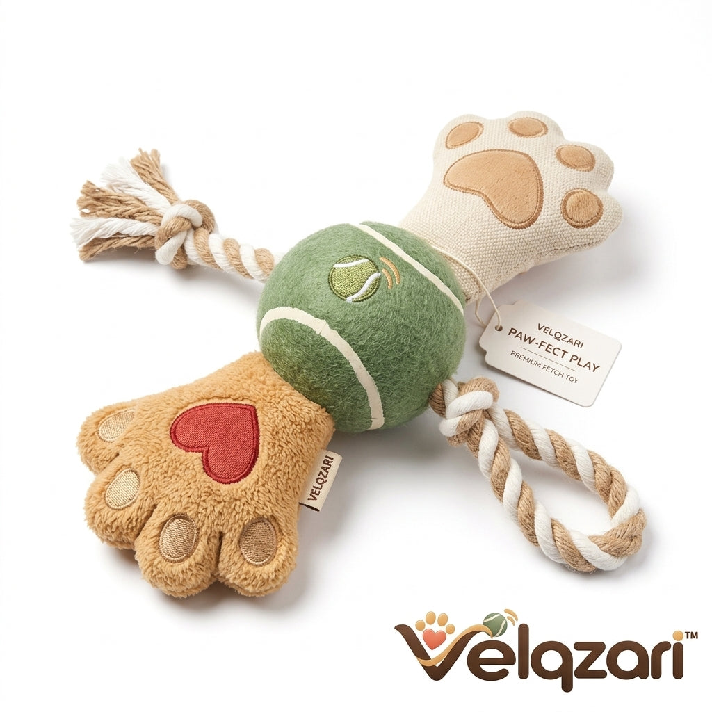Velqzari™ Paw-Fect Play 3-in-1 Interactive Dog Toy – Plush Paw & Squeaky Tennis Ball Toy with Braided Cotton Tug Rope, Multi-Textured Dental & Fetch Toy for Puppies, Small & Medium Dogs