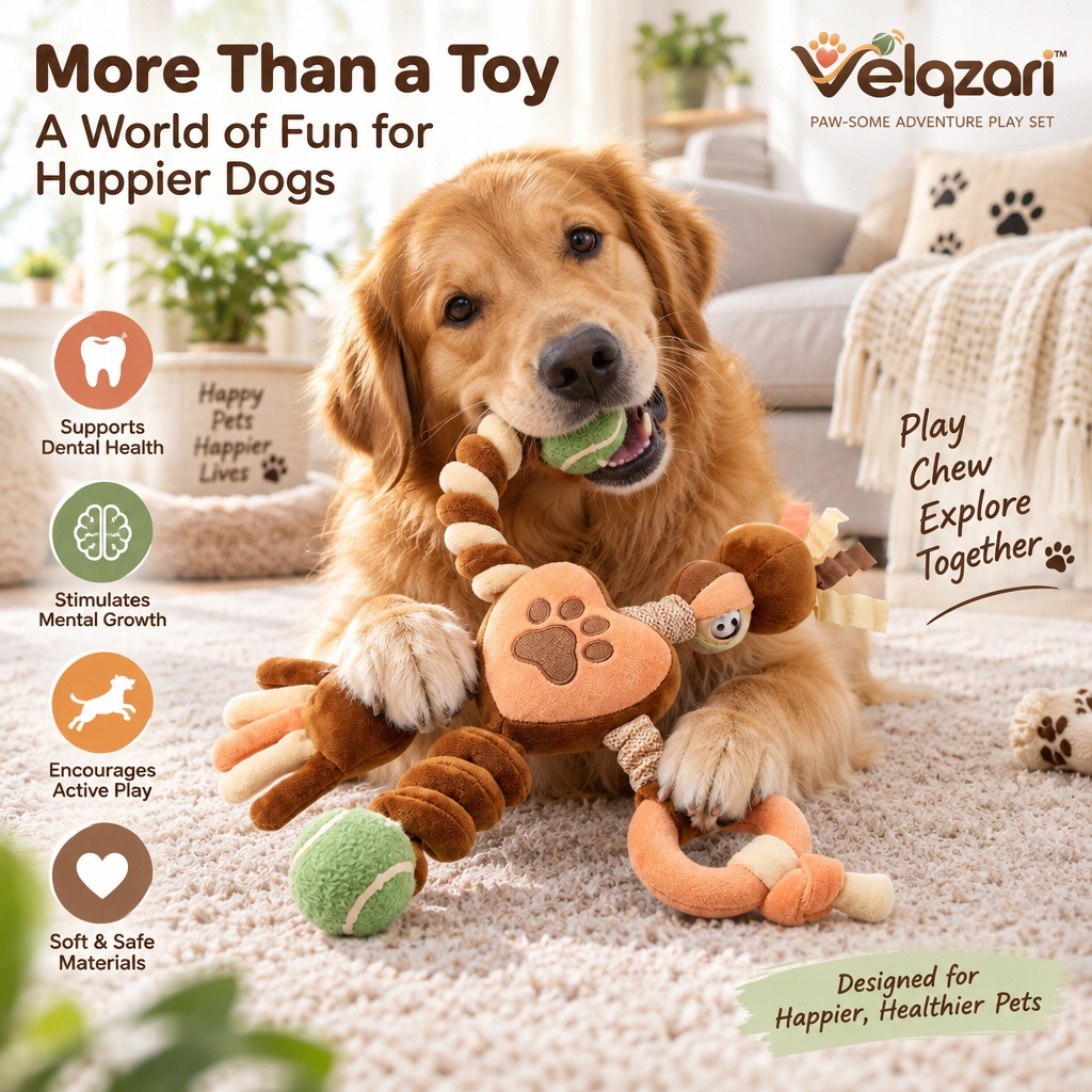 Velqzari™ Multi-Sensory Dog Tug & Chew Toy – 5-in-1 Interactive Plush Play Set with Squeaker Heart, Dual Plush Tennis Balls, Teething Ring & Crinkle Ribbons for Puppies, Small & Medium Dogs