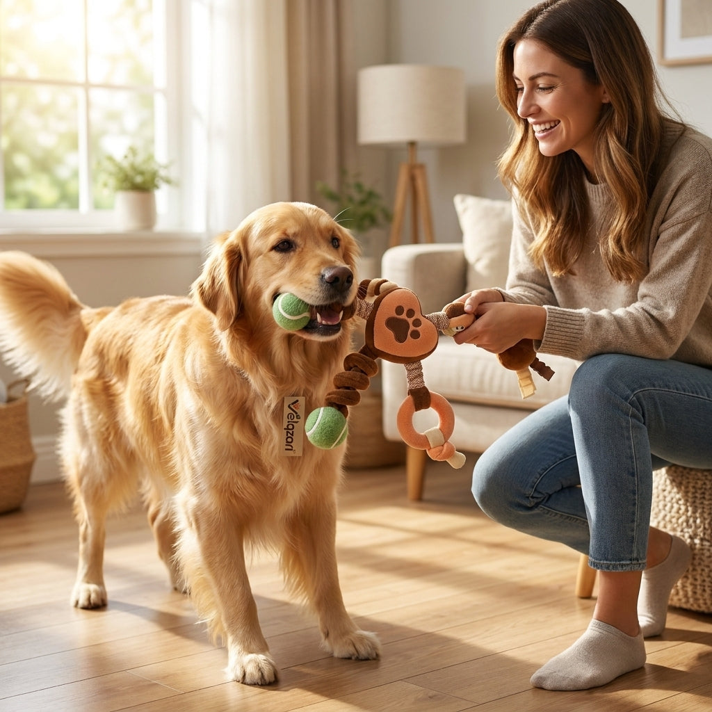 Velqzari™ Multi-Sensory Dog Tug & Chew Toy – 5-in-1 Interactive Plush Play Set with Squeaker Heart, Dual Plush Tennis Balls, Teething Ring & Crinkle Ribbons for Puppies, Small & Medium Dogs
