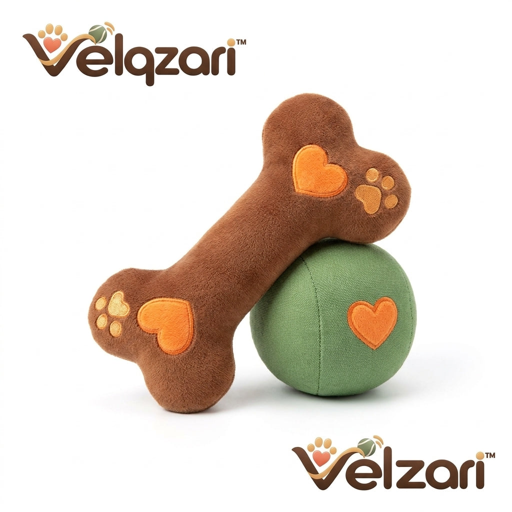 Velqzari™ 2-Piece Plush Dog Toy Set – Soft Embroidered Brown Bone & Sage Green Play Ball – Gentle Squeaky Chew & Fetch Toys for Puppies, Small to Medium Dogs