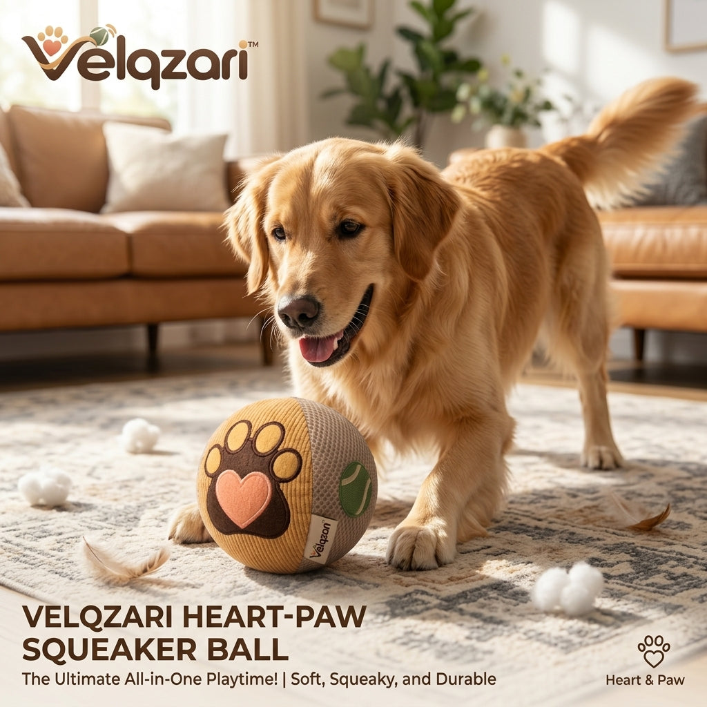 Velqzari™ Heart-Paw Squeaker Ball Dog Toy – Multi-Texture Corduroy & Breathable Air Mesh Plush Fetch Ball, Interactive Soft Squeaky Toy for Puppies, Small & Medium Dogs