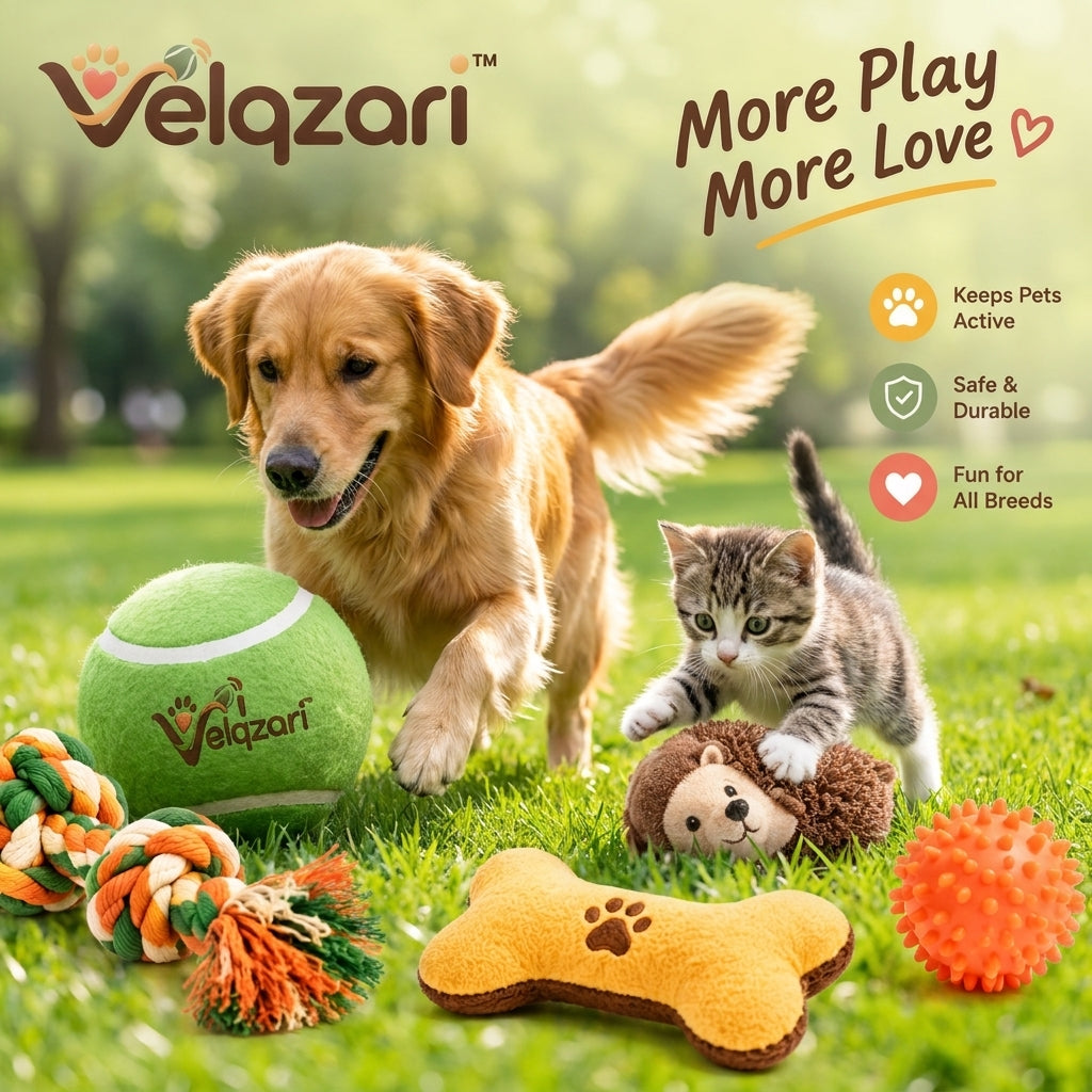 Velqzari™ 5-Piece Interactive Pet Toy Bundle – Multi-Texture Dog & Cat Toy Set Including Braided Cotton Rope, Squeaky Plush Bone & Hedgehog, Giant Plush Tennis Ball & Spiky Chew Ball for Puppies, Dogs, and Cats