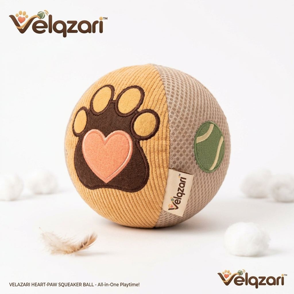 Velqzari™ Heart-Paw Squeaker Ball Dog Toy – Multi-Texture Corduroy & Breathable Air Mesh Plush Fetch Ball, Interactive Soft Squeaky Toy for Puppies, Small & Medium Dogs