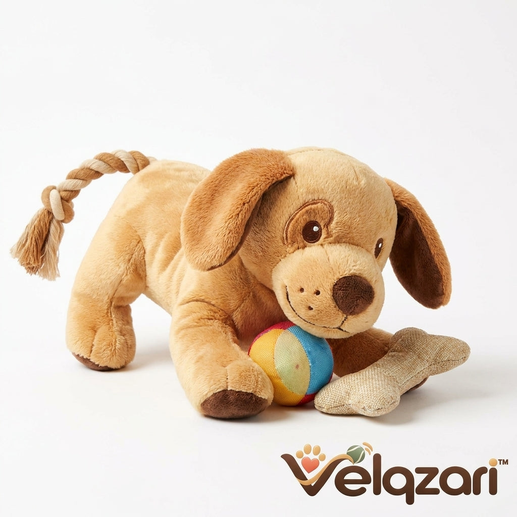 Velqzari™ 3-in-1 Interactive Plush Puppy Dog Toy with Durable Braided Rope Tail, Textured Chew Bone & Colorful Squeak Ball – Multi-Sensory Teething, Cuddle & Tug Toy for Puppies, Small & Medium Dogs