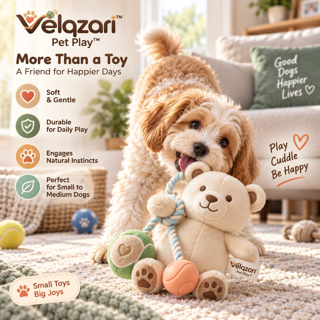 Velqzari™ Play Bear Plush Dog Toy with Braided Tug Rope & Dual Sensory Balls – Multi-Textured Squeaky & Crinkle Teething Toy for Small to Medium Dogs and Puppies