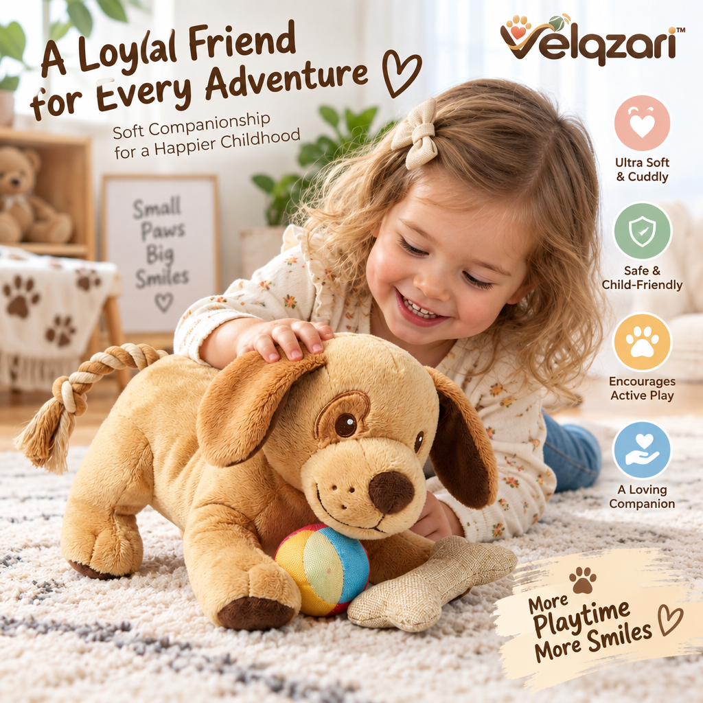 Velqzari™ 3-in-1 Interactive Plush Puppy Dog Toy with Durable Braided Rope Tail, Textured Chew Bone & Colorful Squeak Ball – Multi-Sensory Teething, Cuddle & Tug Toy for Puppies, Small & Medium Dogs