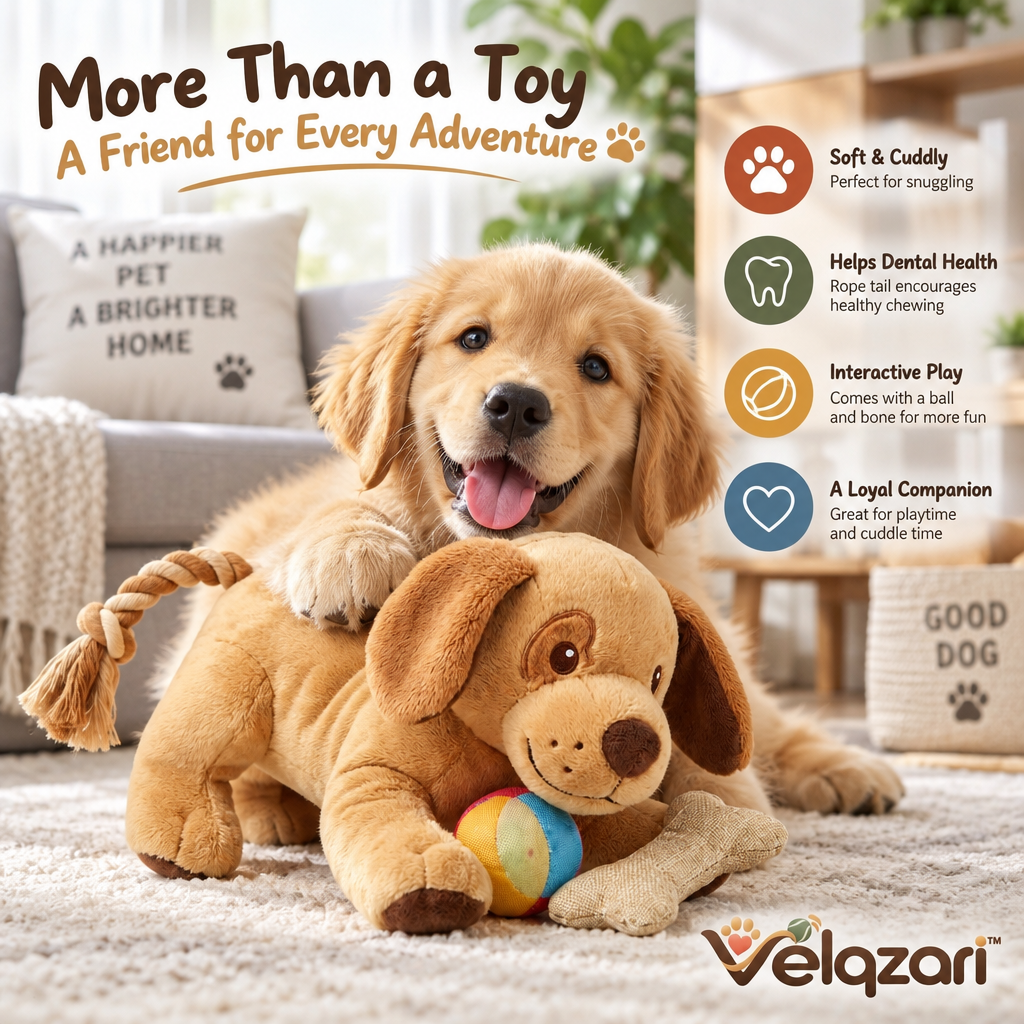 Velqzari™ 3-in-1 Interactive Plush Puppy Dog Toy with Durable Braided Rope Tail, Textured Chew Bone & Colorful Squeak Ball – Multi-Sensory Teething, Cuddle & Tug Toy for Puppies, Small & Medium Dogs