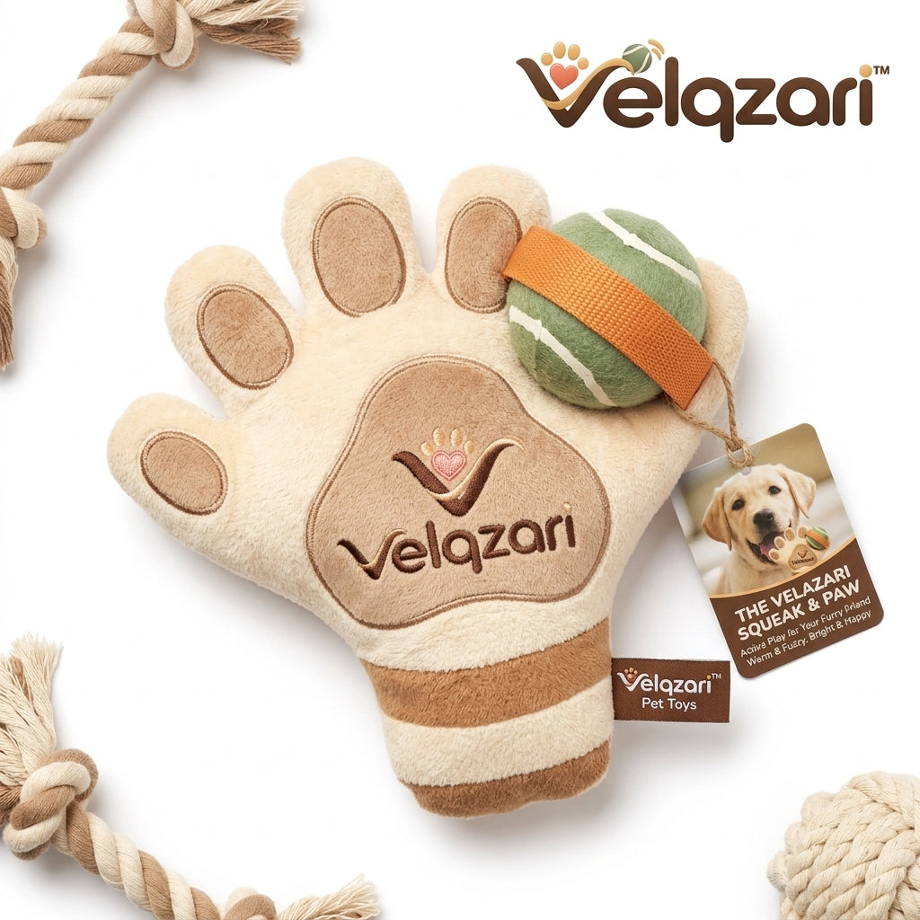Velqzari™ 2-in-1 Squeak & Paw Plush Dog Toy with Attached Tennis Ball – Interactive Squeaky Chew & Fetch Cuddle Toy for Puppies, Small & Medium Dogs