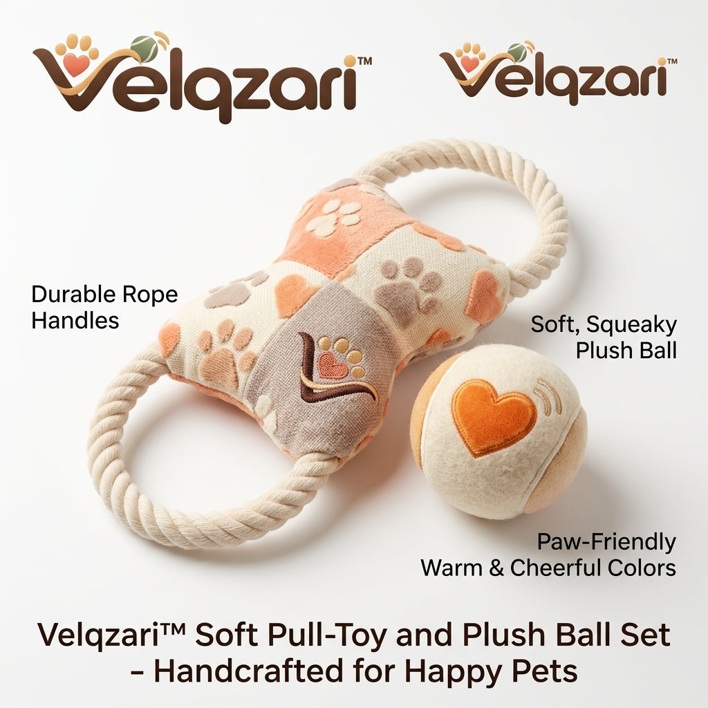 Velqzari™ 2-Piece Soft Plush Pull Toy and Squeaky Ball Set – Interactive Dog Tug Toy with Durable Cotton Rope Handles, Paw-Friendly Handcrafted Fetch & Chew Toys for Puppies, Small & Medium Dogs