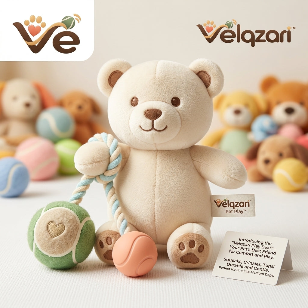 Velqzari™ Play Bear Plush Dog Toy with Braided Tug Rope & Dual Sensory Balls – Multi-Textured Squeaky & Crinkle Teething Toy for Small to Medium Dogs and Puppies