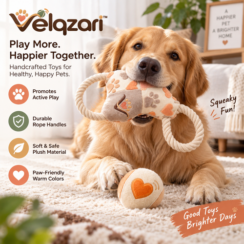 Velqzari™ 2-Piece Soft Plush Pull Toy and Squeaky Ball Set – Interactive Dog Tug Toy with Durable Cotton Rope Handles, Paw-Friendly Handcrafted Fetch & Chew Toys for Puppies, Small & Medium Dogs