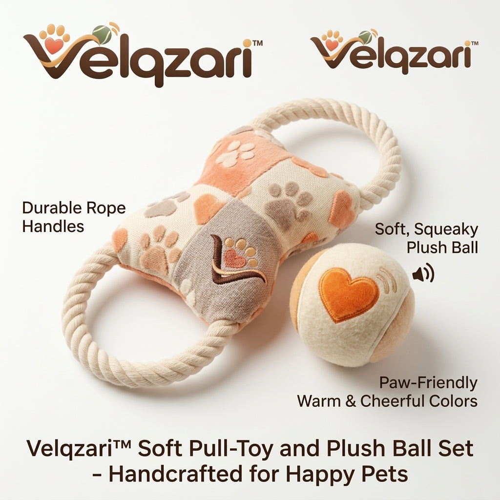 Velqzari 2-Piece Soft Plush Pull Toy and Squeaky Ball Set