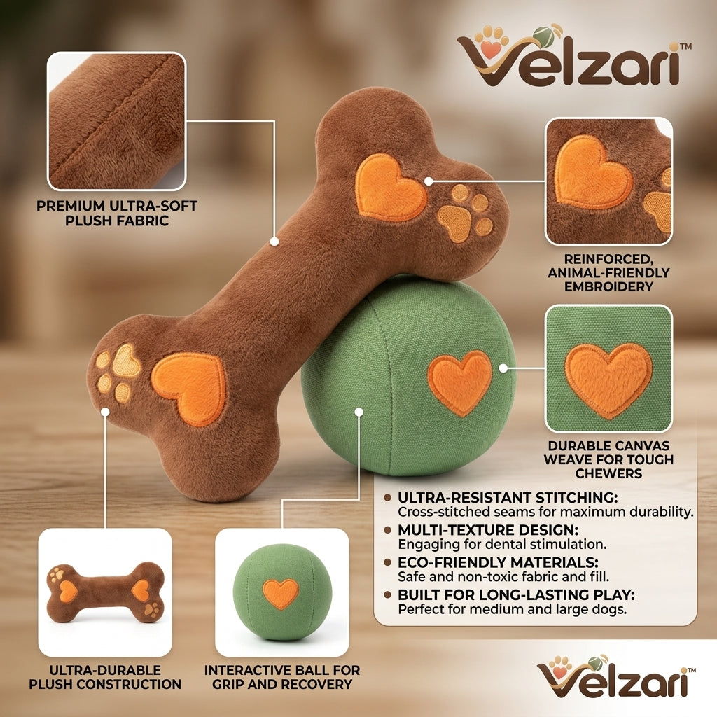 Velqzari™ 2-Piece Plush Dog Toy Set – Soft Embroidered Brown Bone & Sage Green Play Ball – Gentle Squeaky Chew & Fetch Toys for Puppies, Small to Medium Dogs